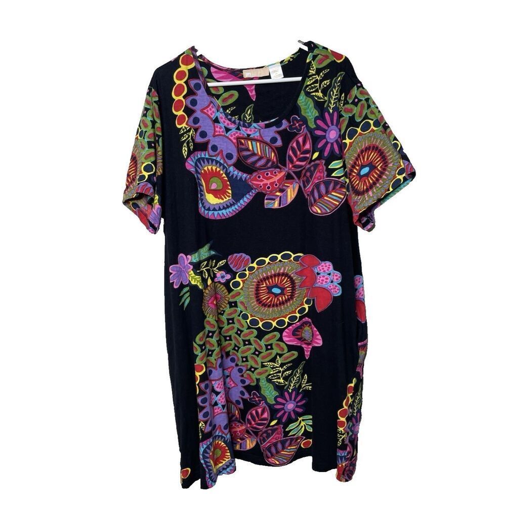 La Cera Dress Women's 2X Black Floral Cotton Lounge Pockets Short Sleeve